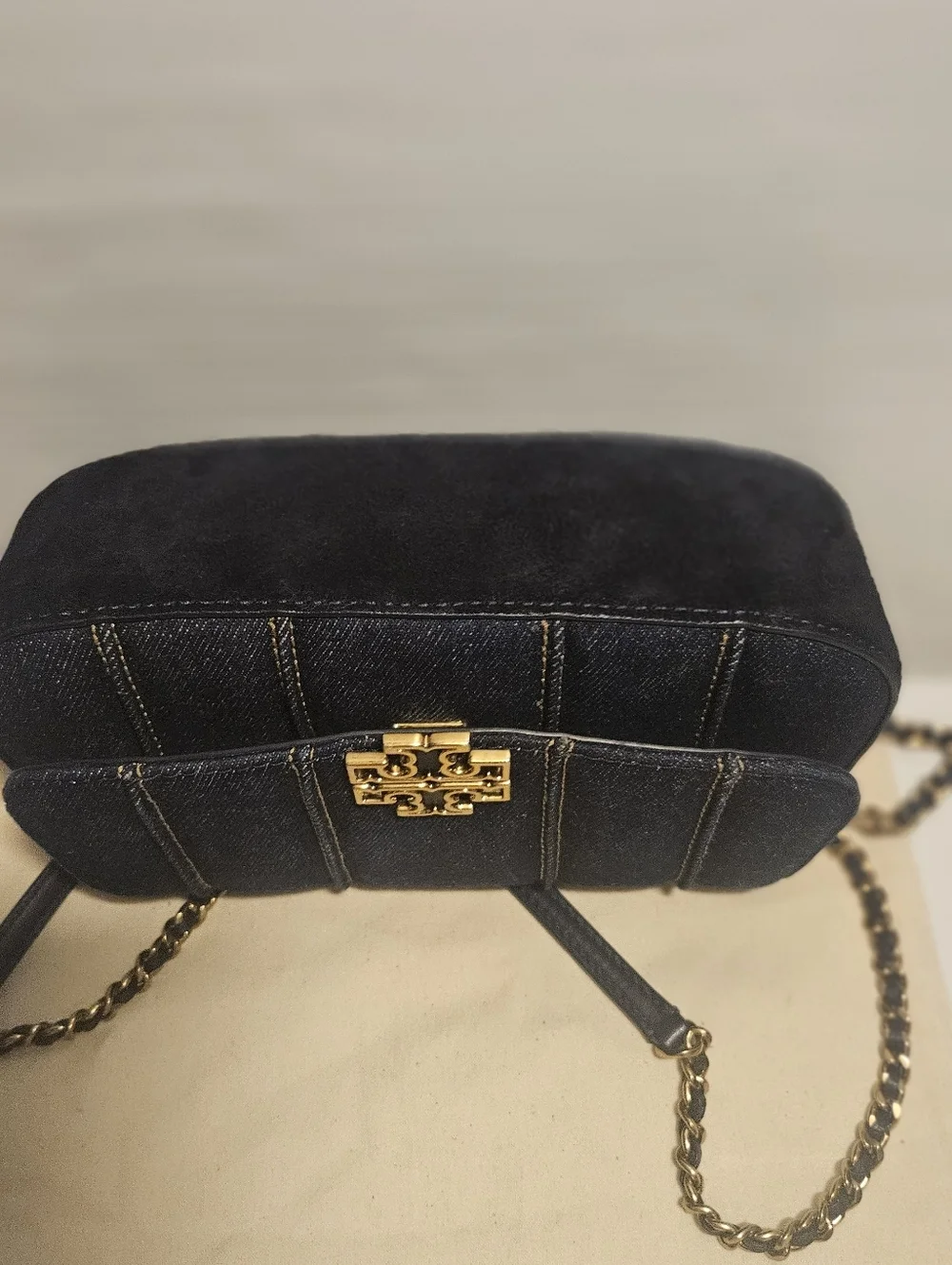 Tory Burch Britten Blue Denim Crossbody & Clutch Bag with Gold Hardware Elegant